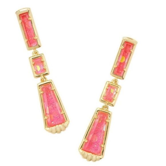 NWT New Kendra Scott Pink Dichroic Glass Sparkly Serena Linear Gold Earrings - Picture 2 of 6